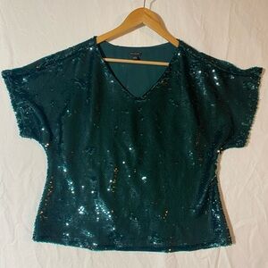 Ann Taylor Teal Dark Green Sequin V-Neck Blouse